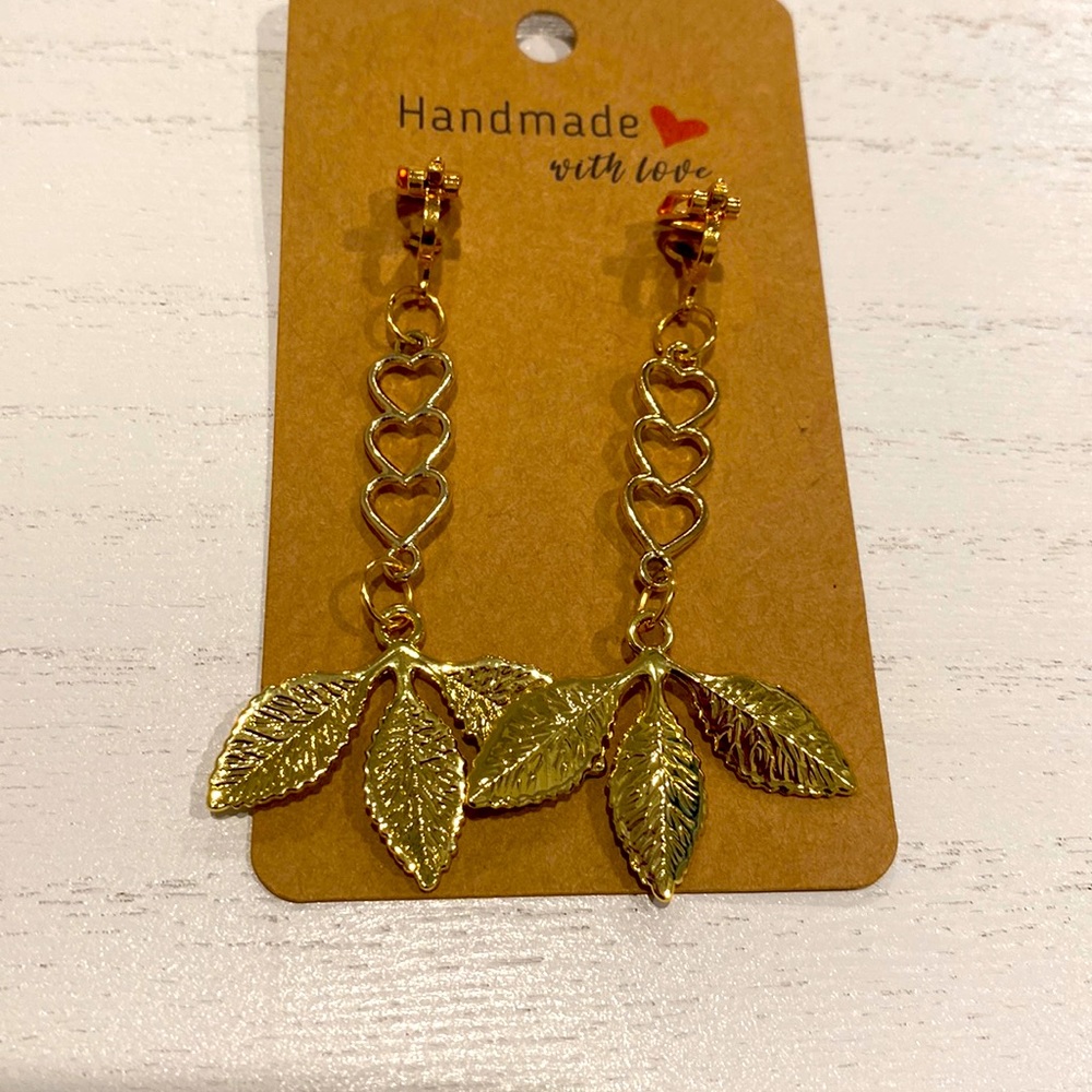 Gold Leaf Drop Clip On Earrings